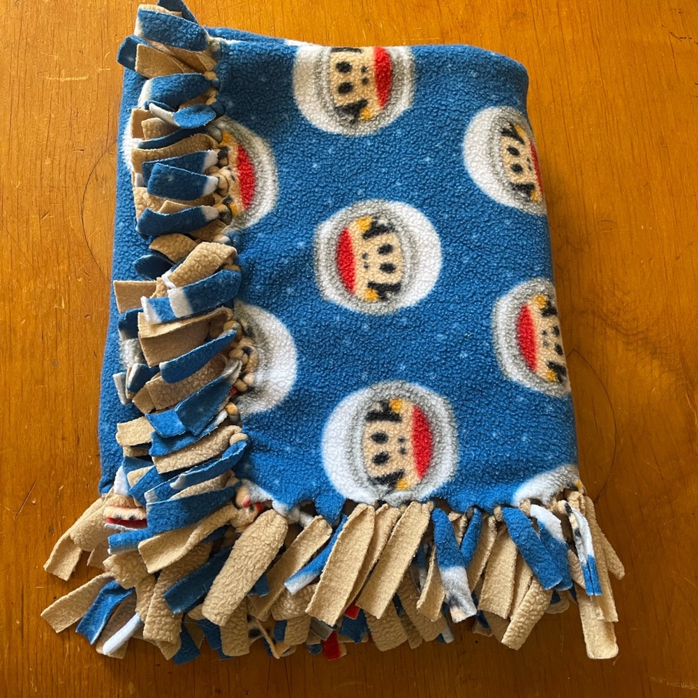 Sock Monkey Fleece Reversible Tie Blanket